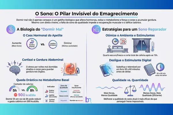 Dormir engorda ou emagrece? Infográfico sobre sono, hormonas, metabolismo e emagrecimento.