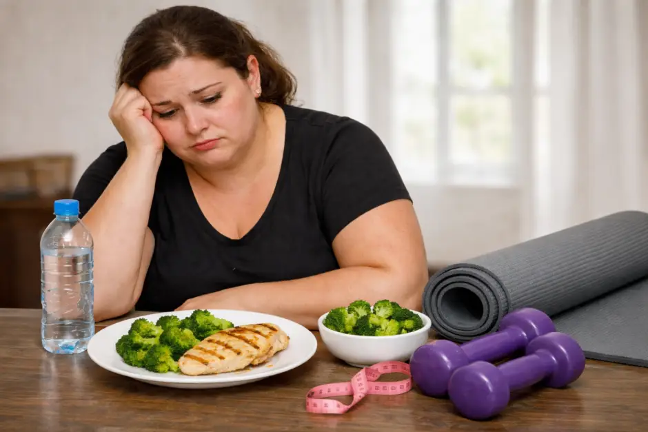 mulher triste a começar uma dieta à segunda feira novamente