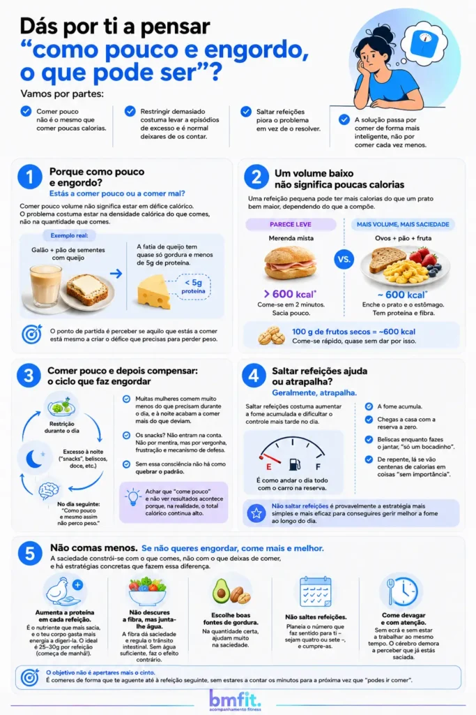 Infográfico: porque como pouco e engordo? Explica como a densidade calórica, a saciedade e os hábitos influenciam o peso.