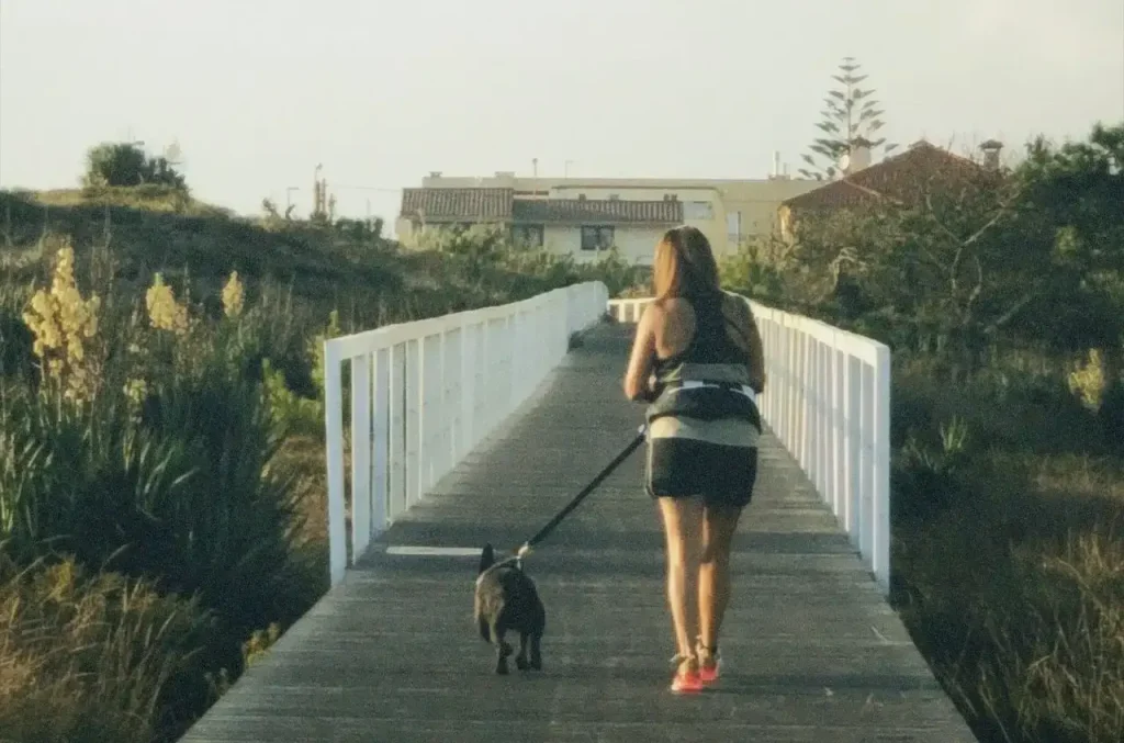 Mulher passeia o cão porque sabe que a caminhada faz emagrecer