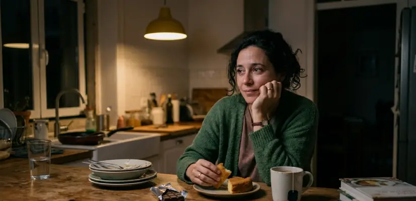 Mulher come à noite na cozinha: no acompanhamento online fitness há um maior controle da fome emocional