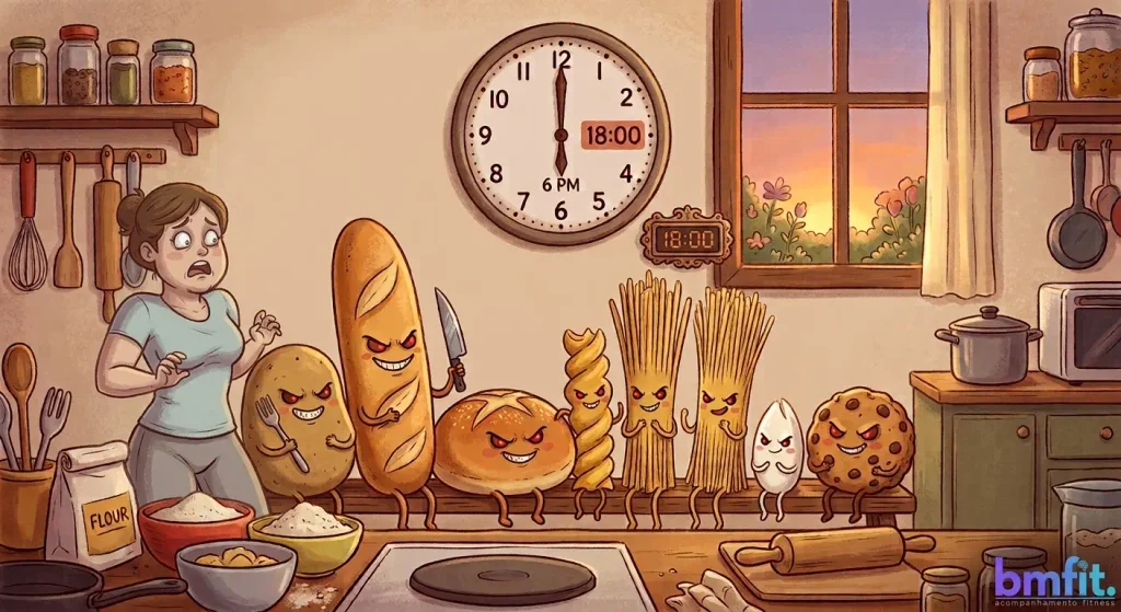 ilustração do mito que comer hidratos à noite engorda, mulher assustado com carboidratos à espera das 18h