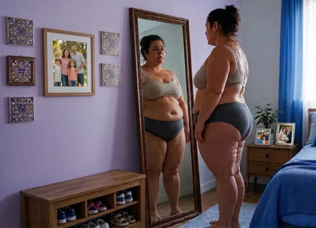 mulher acima do peso sem autoestima e imagem corporal positiva, pensativa frente ao espelho a pensar se uma solução de acompanhamento online de fitness é o ideal para ela