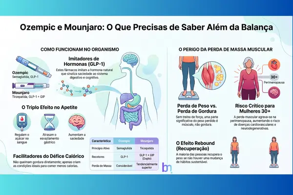 Infográfico Ozempic e Mounjaro: como atuam no organismo, efeito no apetite e risco de perda de massa muscular