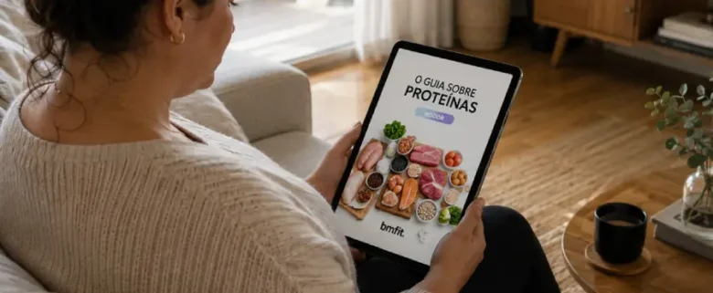 Mulher segura em tablet com um guia de alimentos ricos em proteína, elaborado por nutricionistas