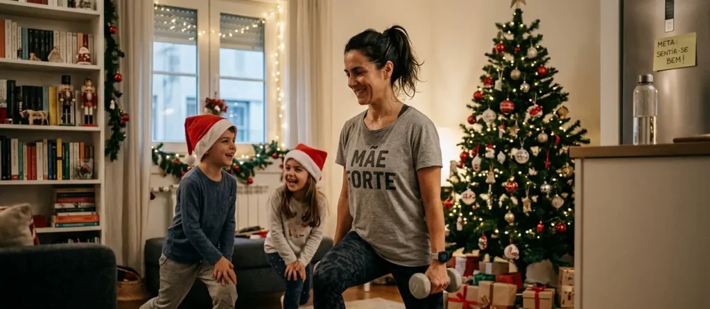 mãe treina com filhos frente à árvore de Natal como não engordar no Natal acompanhamento online BMFIT
